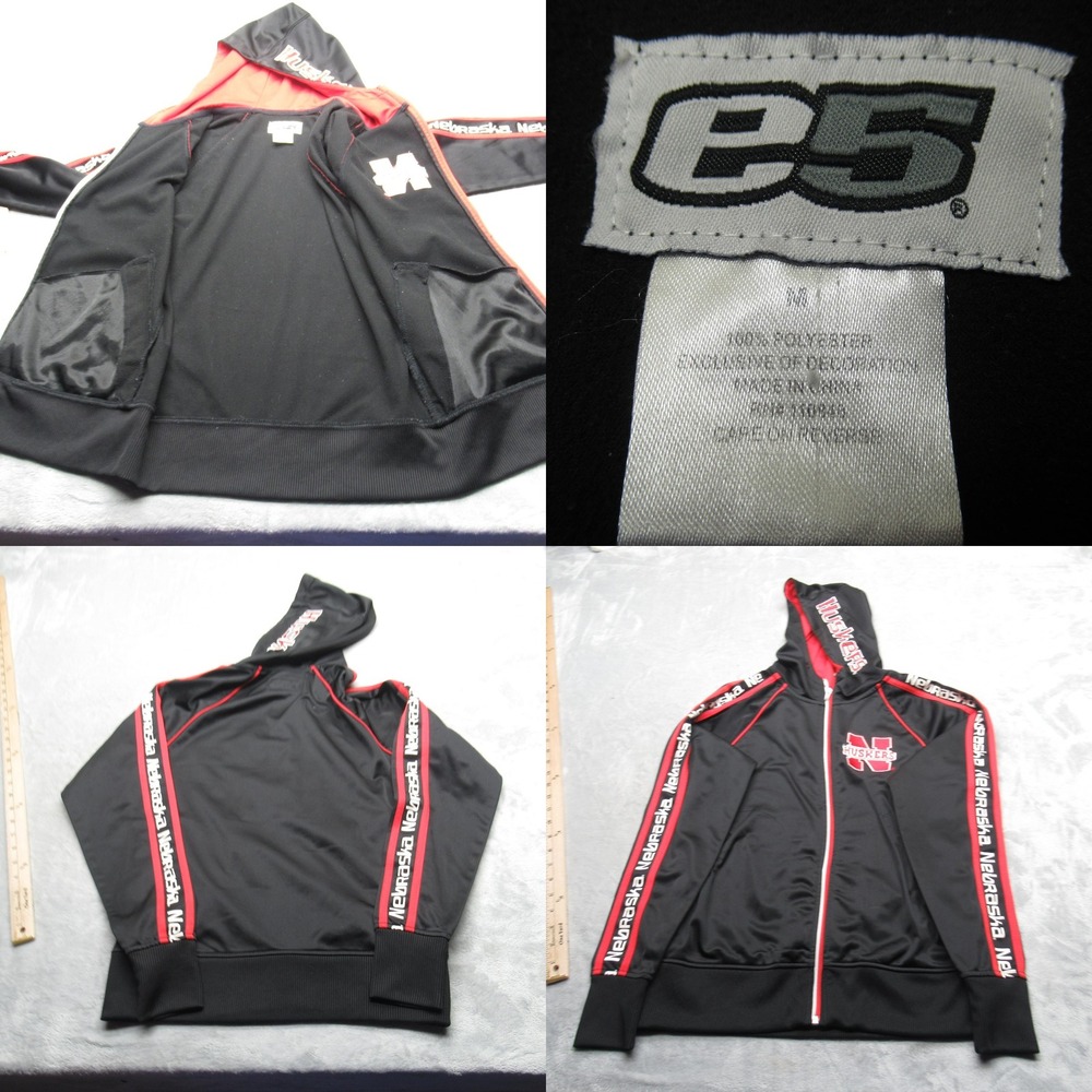 Nebraska Cornhuskers Track Jacket Womens Medium E5 Black Full Zip Up‎ Hooded